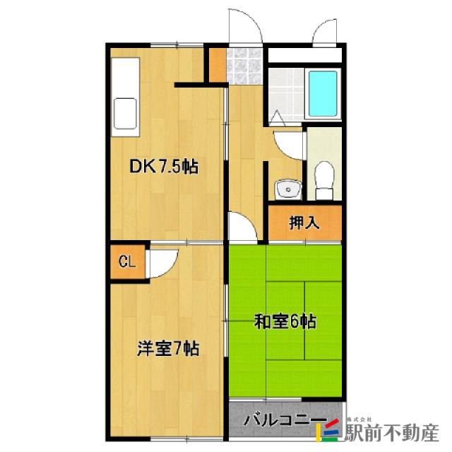 鹿児島本線 羽犬塚駅 徒歩27分 2階建 築30年(2DK/2階)の間取り写真