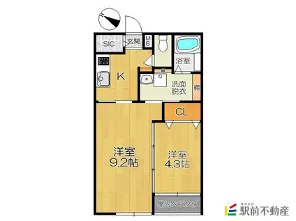 西鉄天神大牟田線 蒲池駅(福岡) 徒歩75分 2階建 築8年(2K/1階)の間取り写真
