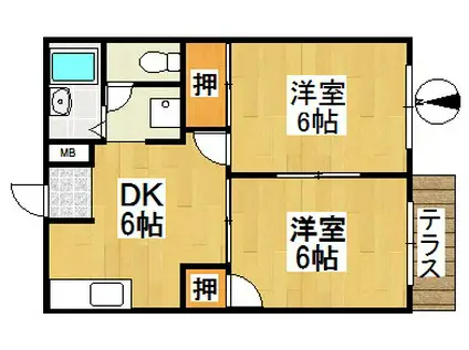 鹿児島本線 羽犬塚駅 徒歩16分 2階建 築34年(2DK/1階)の間取り写真