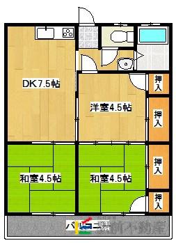 鹿児島本線 羽犬塚駅 徒歩12分 2階建 築42年(3DK/2階)の間取り写真