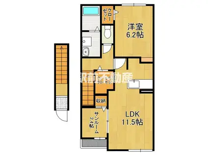 鹿児島本線 大牟田駅 徒歩26分 2階建 築3年(1LDK/2階)の間取り写真