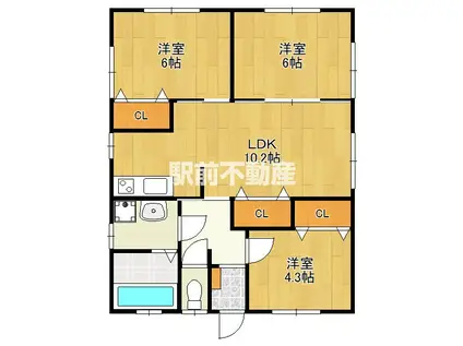 鹿児島本線 羽犬塚駅 徒歩76分 1階建 築20年(3DK)の間取り写真