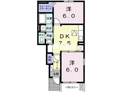 鹿児島本線 羽犬塚駅 徒歩20分 2階建 築10年(2DK/1階)の間取り写真