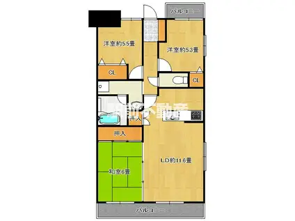 ロイヤルシャトー 羽犬塚(3LDK/10階)の間取り写真