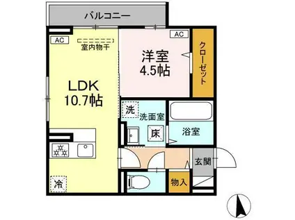 ディアライズ小郡船倉町C棟(1LDK/1階)の間取り写真