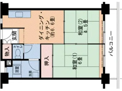 山陽本線 須磨駅 バス乗車時間：14分 高倉台バス停で下車 徒歩4分 14階建 築53年(2DK/6階)の間取り写真