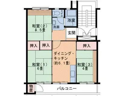 神戸電鉄粟生線 西鈴蘭台駅 徒歩7分 5階建 築56年(3DK/4階)の間取り写真