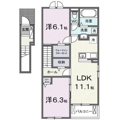バンブー ニン B(2LDK/2階)の間取り写真