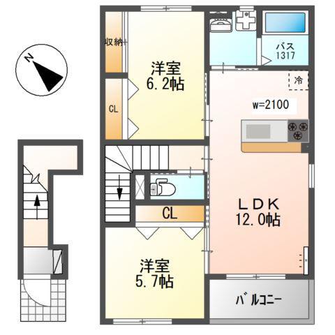 ユニヴァリィ ビブレ(2LDK/2階)の間取り写真