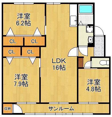 フェルト130A棟(3LDK/2階)の間取り写真