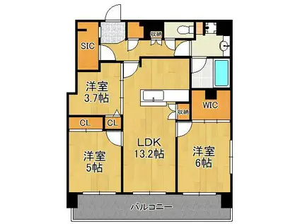 サンレリウス小倉駅南(3LDK/13階)の間取り写真