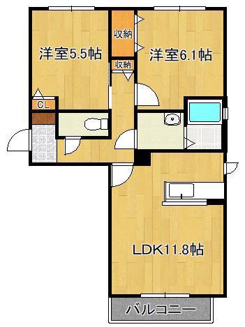 シャーメゾン朽網ⅡA棟(2LDK/1階)の間取り写真
