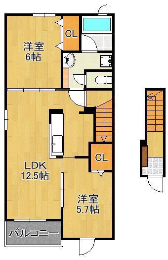 ディアコート苅田(2LDK/2階)の間取り写真