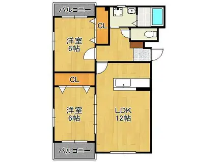 ハーベスト上津熊B棟(2LDK/3階)の間取り写真