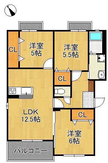 MUU.朽網駅北(3LDK/3階)の間取り写真