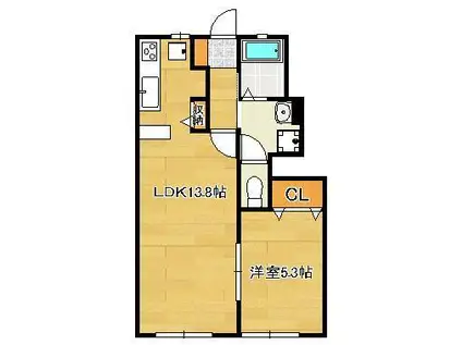 ルネス若園A棟(1LDK/1階)の間取り写真