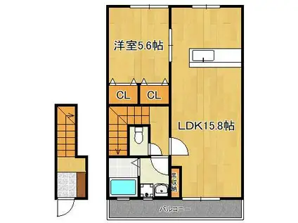 ルネス若園 B棟(1LDK/2階)の間取り写真