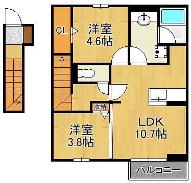 D-ROOM下城野(2LDK/2階)の間取り写真