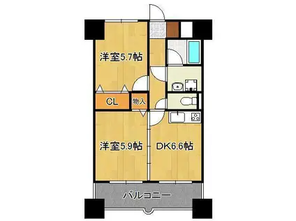 ニューシティアパートメンツ南小倉Ⅰ(2DK/9階)の間取り写真