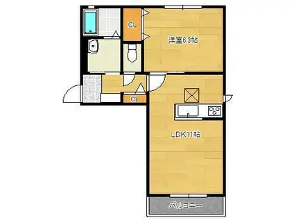 ウィスティリア神岳  A棟(1LDK/2階)の間取り写真