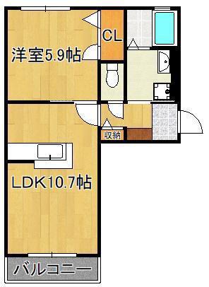 クラヴィエ三萩野F棟(1LDK/2階)の間取り写真