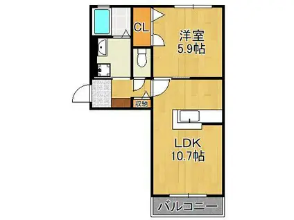 クラヴィエ三萩野F棟(1LDK/2階)の間取り写真