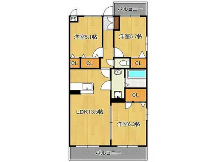 プレシード陣原(3LDK/3階)の間取り写真