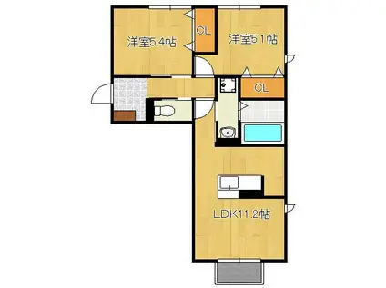 イオメール折尾 B棟(2LDK/1階)の間取り写真