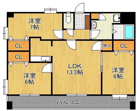 ニューリバー九工大駅前(3LDK/4階)の間取り写真