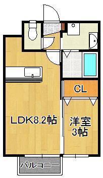 ファープレイス小倉西B棟(1LDK/1階)の間取り写真