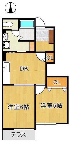 ベルデュールⅠ(2DK/1階)の間取り写真