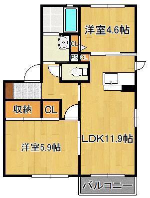 三洋タウン岡垣D棟(2LDK/1階)の間取り写真