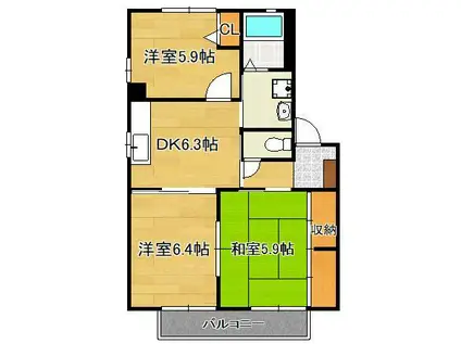 メゾンリヴィエール B棟(3DK/2階)の間取り写真