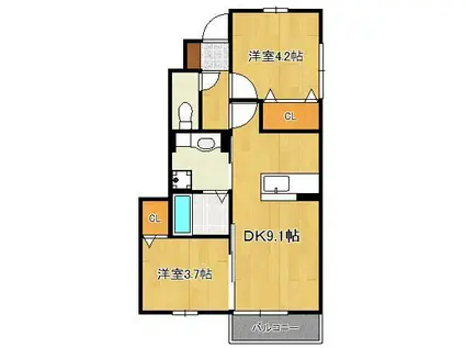 グランドヒルズA棟(2DK/1階)の間取り写真