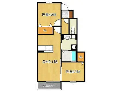 グランドヒルズA棟(2DK/1階)の間取り写真