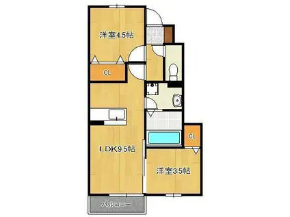 グランドヒルズA棟(2DK/1階)の間取り写真