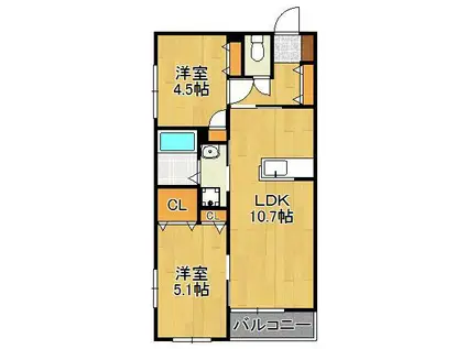 プレミール引野(2LDK/1階)の間取り写真