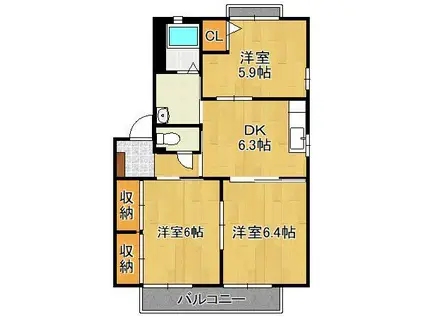 ソレイユドミール溝堀 B棟 (3DK/2階)の間取り写真