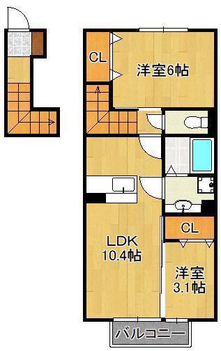 コスモ木屋瀬 A棟(2LDK/2階)の間取り写真