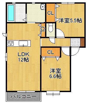 レイクサイドイン大谷B(2LDK/2階)の間取り写真