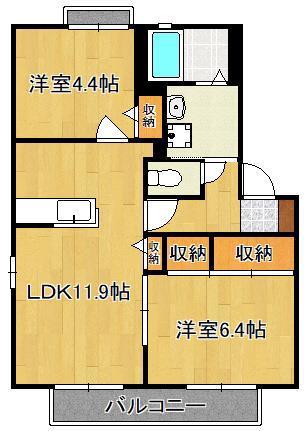 ディアス茶屋の原  B棟(2LDK/2階)の間取り写真