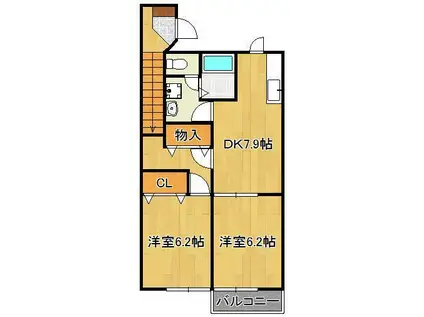 ソレアード本城 A棟(2DK/2階)の間取り写真