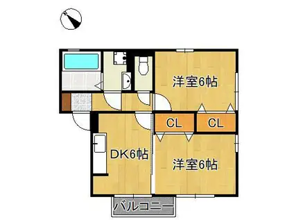 ハート学研台A棟(2DK/2階)の間取り写真