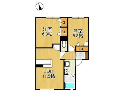 クラヴィエひびきの(2LDK/1階)の間取り写真