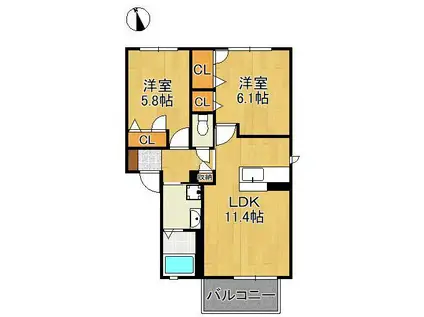 ヴェルドミールK  A棟(2LDK/2階)の間取り写真