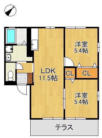 ヴィラージュA棟(2LDK/1階)の間取り写真
