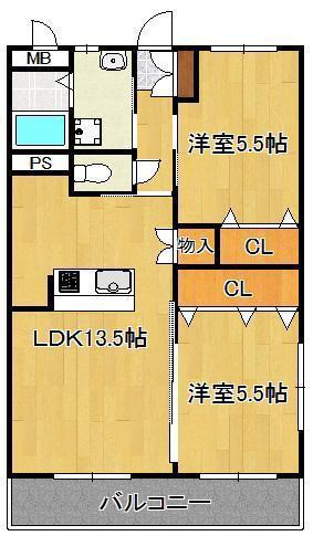 ヒルズ折尾(2LDK/2階)の間取り写真