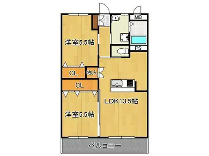 ヒルズ折尾(2LDK/3階)の間取り写真