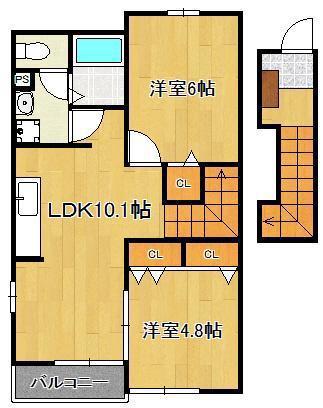 マーベラスコートS D棟(2LDK/2階)の間取り写真