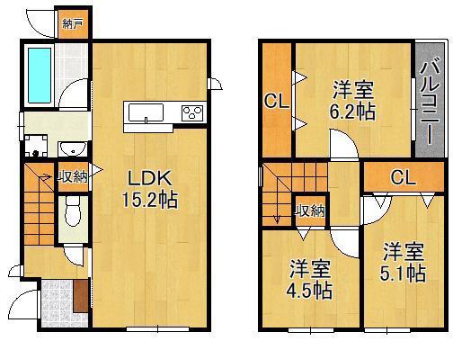 筑豊本線 二島駅 徒歩14分 2階建 築2年(3LDK)の間取り写真